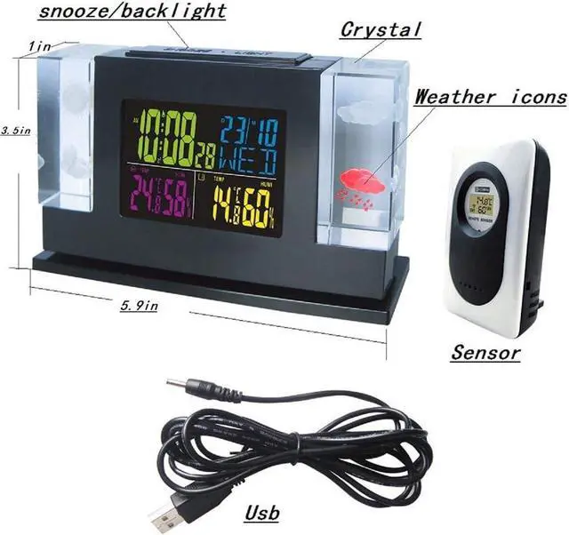 Alt view image 4 of 7 - Wall Clock, RF Wireless Weather Station Digital Table Clock, 3D Crystal with Outdoor Sensor Weather Forecast Radio Weather Station Thermometer Remote Sensor Snooze Alarm Clock