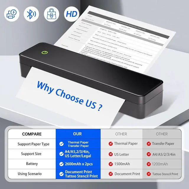 Alt view image 2 of 7 - Portable Printer, Portable Printers Wireless for Travel, Inkless Printer, Support A4&A5 & 8.5 x 11inch Thermal Paper for Office, Travel, Home, School, Support iOS, Android, Windows (Metallic)