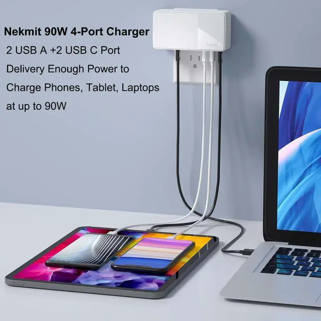 Alt view image 3 of 7 - Nekmit USB C Charger, 90W 4 Port Power Delivery PD 3.0 PPS Fast Charger for MacBook/Dell XPS 13/ iPhone 16/15 Pro/14/14 Pro/Galaxy S22/S21/S20/S10/ iPad Pro/Pixel