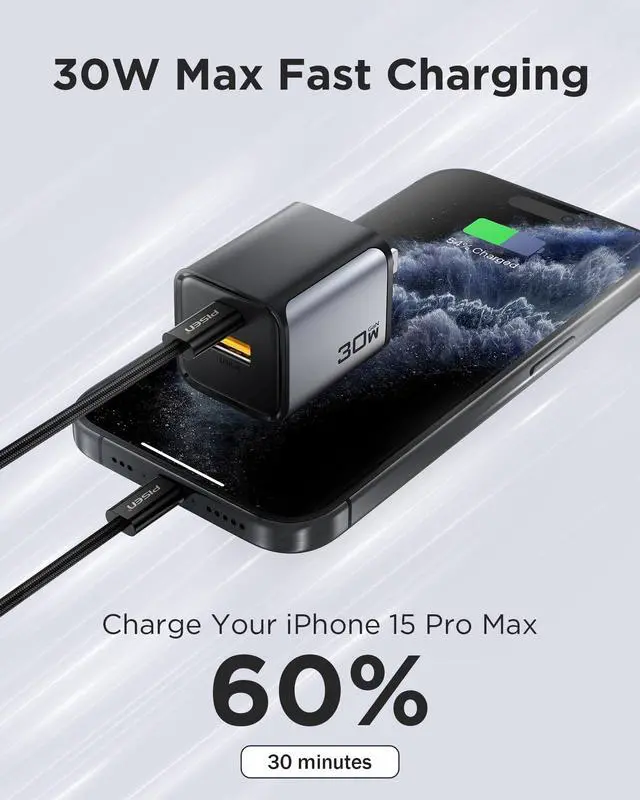 Alt view image 2 of 7 - PISEN 30W USB C Charger - 30 Watt Dual Port PD QC 3.0 GaN Charging Block, 30W USB C Wall Charger, 2-Port 30 Watt Charging Block for iPhone 16/15/14/13 Series, Samsung, Pixel, iPad (Cable Not Included)