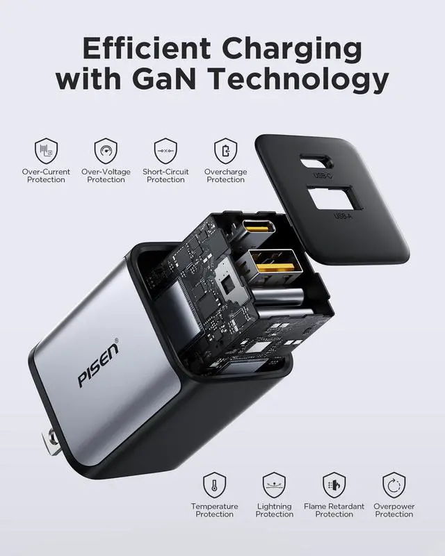 Alt view image 6 of 7 - PISEN 30W USB C Charger - 30 Watt Dual Port PD QC 3.0 GaN Charging Block, 30W USB C Wall Charger, 2-Port 30 Watt Charging Block for iPhone 16/15/14/13 Series, Samsung, Pixel, iPad (Cable Not Included)