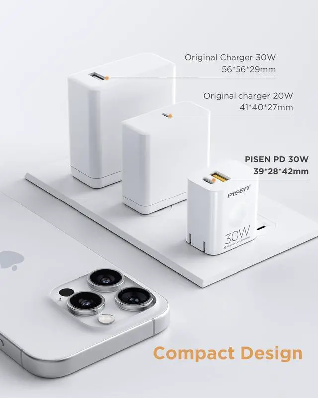 Alt view image 4 of 7 - PISEN 30W USB C Charger - PD QC 3.0 Dual Port Charging Block, 30 Watt USB C Charger with 4 FT Type C to L Cable, 30W Fast Charger with Foldable Plug for iPhone 14 13 12 11 Pro Max XR XS X, iPad