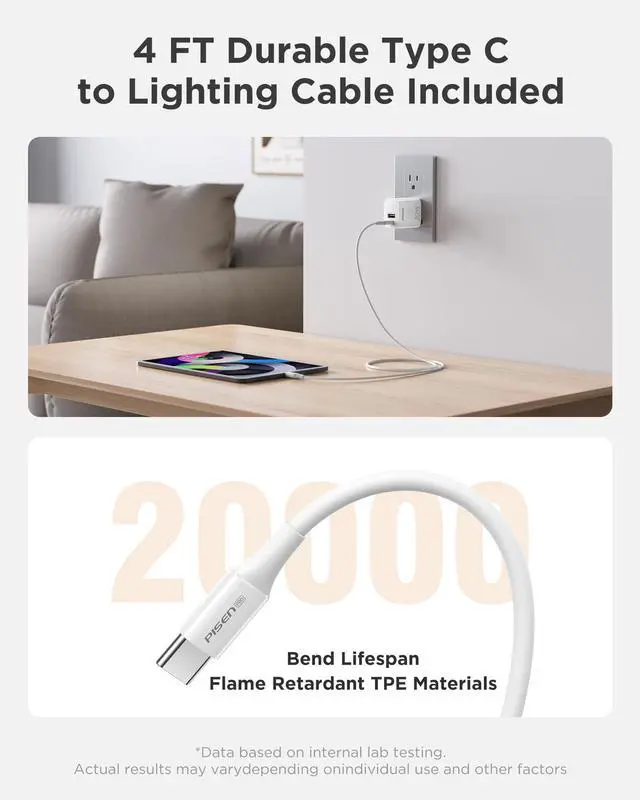 Alt view image 6 of 7 - PISEN 30W USB C Charger - PD QC 3.0 Dual Port Charging Block, 30 Watt USB C Charger with 4 FT Type C to L Cable, 30W Fast Charger with Foldable Plug for iPhone 14 13 12 11 Pro Max XR XS X, iPad