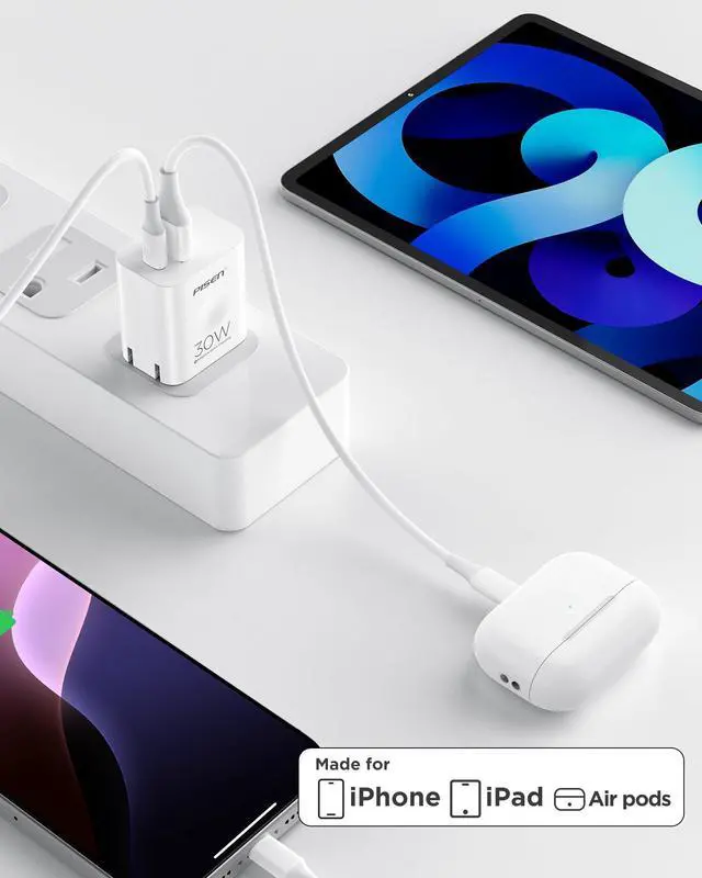 Alt view image 5 of 7 - PISEN 30W USB C Charger - PD QC 3.0 Dual Port Charging Block, 30 Watt USB C Charger with 4 FT Type C to L Cable, 30W Fast Charger with Foldable Plug for iPhone 14 13 12 11 Pro Max XR XS X, iPad