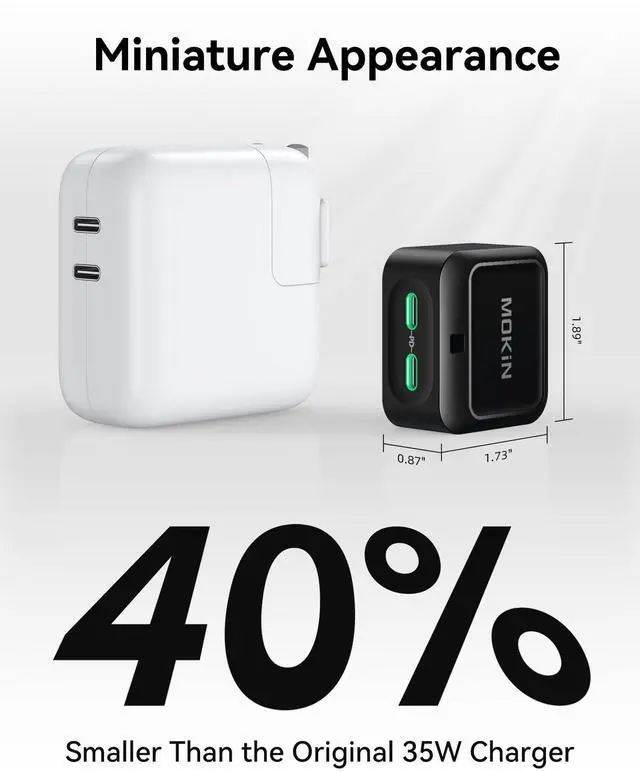 Alt view image 4 of 6 - USB C Charger Block 40W, Dual Port Type C Fast Charging Block GaN+ PD Power Adapter with Foldable Plug USB C Wall Charger Cube for iPhone iPhone 17/17 Air/16/16 Pro/16 Plus/16 Pro Max/15, Samsung