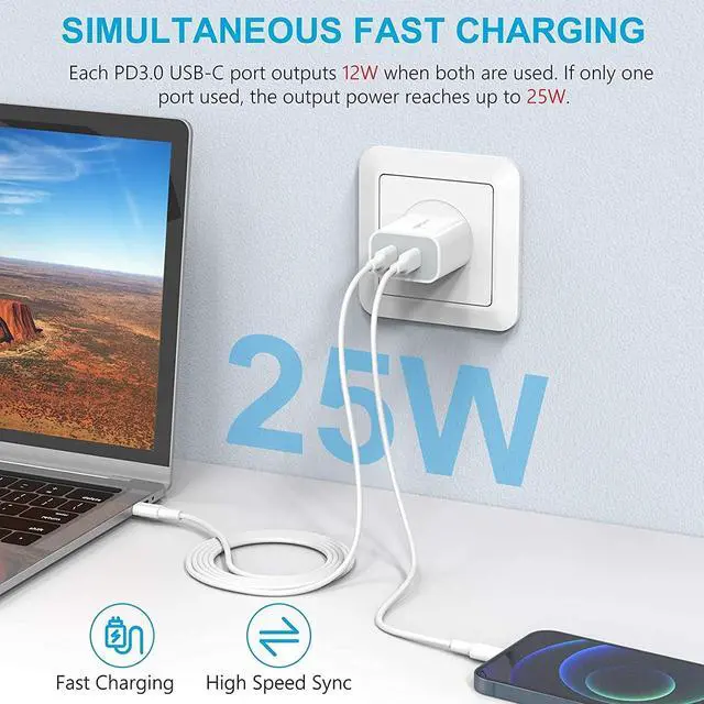 Alt view image 3 of 7 - USB C Charger, Amoner 2Pack Type C Fast Charger, Dual Port 25W PD Fast USB C iPhone Wall Charger Compatible with iPhone 16/16 Pro/15/14/13/12/11/SE/XS, Galaxy, Pixel 4/3 and More