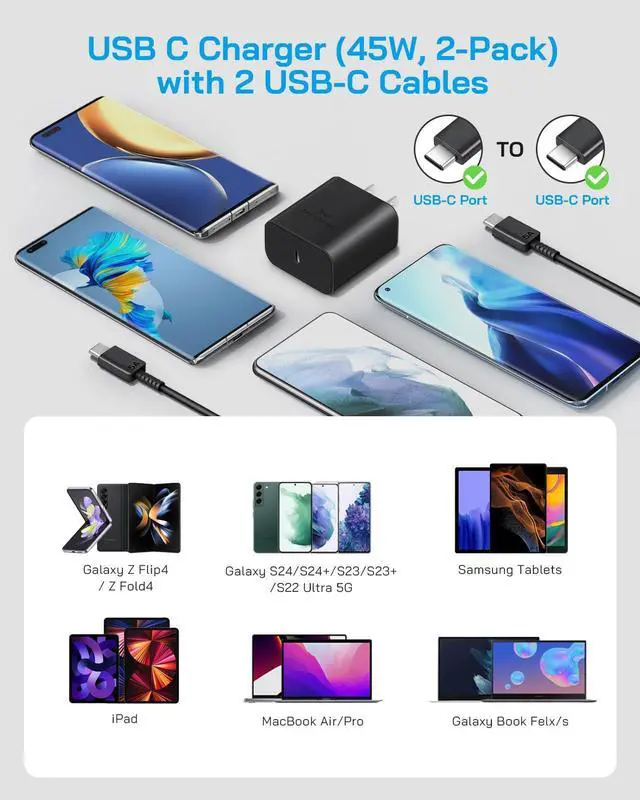 Alt view image 5 of 7 - 45W Fast Charger Type C, USB C Fast Charging Block with 6 FT Type C Charger Fast Charging Cord Compatible with Galaxy S23 Ultra/S23/S23+/S22/S22 Ultra/S22+/S21, Galaxy Tab S8+ (2 Pack