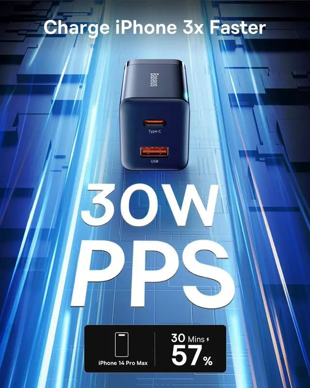 Alt view image 2 of 6 - Baseus 30W Dual Port USB C PD Charger Block, Foldable PPS GaN Fast Charger Power Adapter for iPhone 17/16 Pro Max, Galaxy S25 Ultra/S24, Google Pixel, iPad Pro, Black