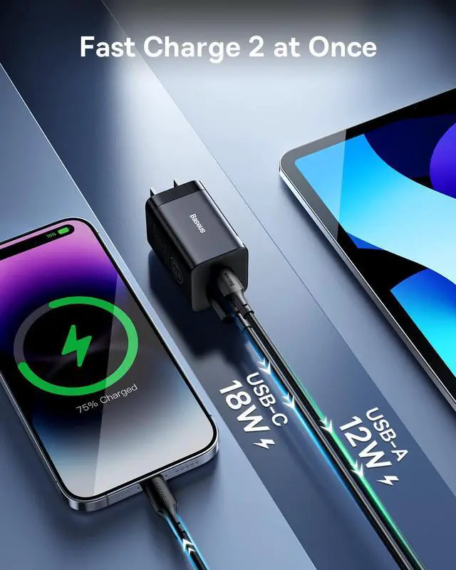 Alt view image 3 of 6 - Baseus 30W Dual Port USB C PD Charger Block, Foldable PPS GaN Fast Charger Power Adapter for iPhone 17/16 Pro Max, Galaxy S25 Ultra/S24, Google Pixel, iPad Pro, Black