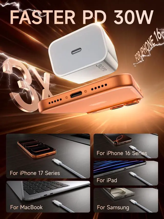 Alt view image 2 of 7 - 30W iPhone 17 Air Fast Charger USB C, [ MFi Certified] i Phone Charger Block with 6.6ft Woven USB C Cable, USBC Wall Chargers Fast Charging for iPhone 16e/16 Plus/16 Pro Max/15/iPad Pro