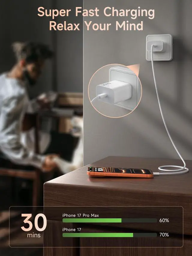 Alt view image 3 of 7 - 30W iPhone 17 Air Fast Charger USB C, [ MFi Certified] i Phone Charger Block with 6.6ft Woven USB C Cable, USBC Wall Chargers Fast Charging for iPhone 16e/16 Plus/16 Pro Max/15/iPad Pro