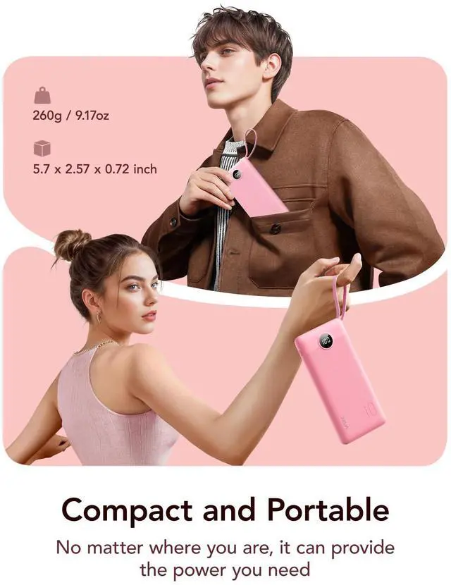 Alt view image 2 of 7 - VRURC Portable Phone Charger, Travel Portable Charger with 4 Cables, 5 Outputs 2 Inputs Slim USB C Power Bank, Built-in Cables Cords for iPhone 17 16 15 14 13,Samsung,Android-Barbie Pink(1 Pack)