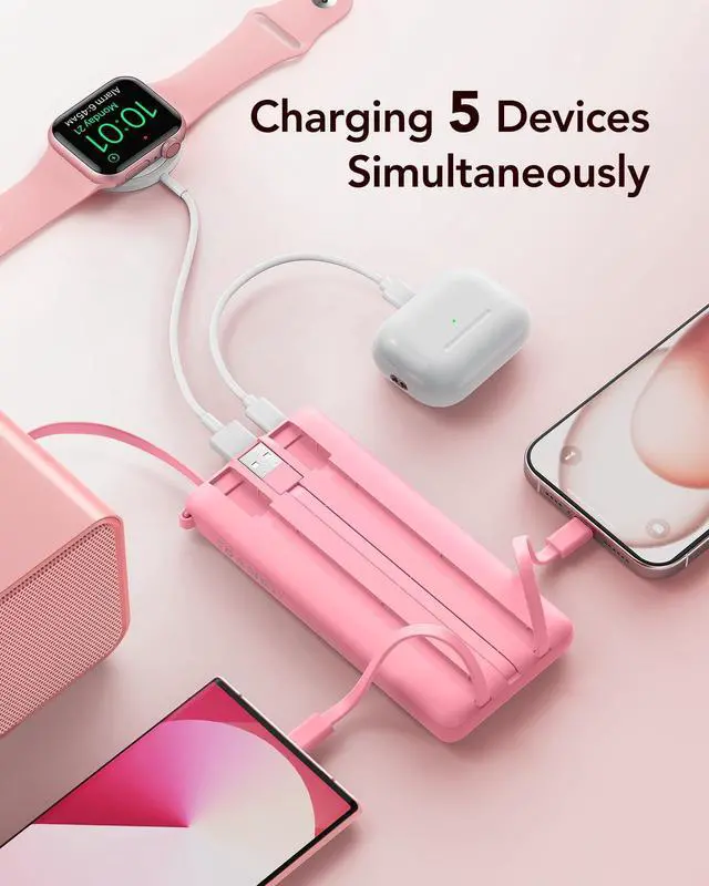 Alt view image 4 of 7 - VRURC Portable Phone Charger, Travel Portable Charger with 4 Cables, 5 Outputs 2 Inputs Slim USB C Power Bank, Built-in Cables Cords for iPhone 17 16 15 14 13,Samsung,Android-Barbie Pink(1 Pack)