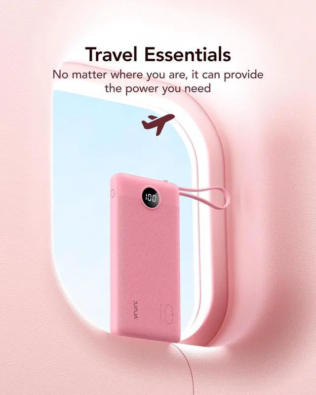 Alt view image 6 of 7 - VRURC Portable Phone Charger, Travel Portable Charger with 4 Cables, 5 Outputs 2 Inputs Slim USB C Power Bank, Built-in Cables Cords for iPhone 17 16 15 14 13,Samsung,Android-Barbie Pink(1 Pack)