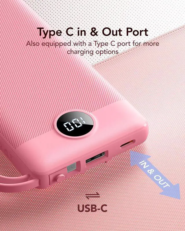 Alt view image 5 of 7 - VRURC Portable Phone Charger, Travel Portable Charger with 4 Cables, 5 Outputs 2 Inputs Slim USB C Power Bank, Built-in Cables Cords for iPhone 17 16 15 14 13,Samsung,Android-Barbie Pink(1 Pack)