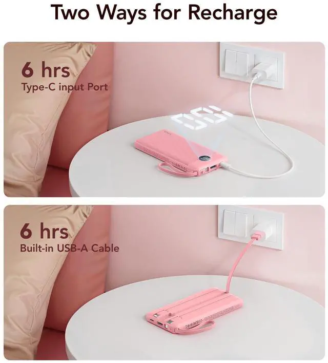 Alt view image 7 of 7 - VRURC Portable Phone Charger, Travel Portable Charger with 4 Cables, 5 Outputs 2 Inputs Slim USB C Power Bank, Built-in Cables Cords for iPhone 17 16 15 14 13,Samsung,Android-Barbie Pink(1 Pack)