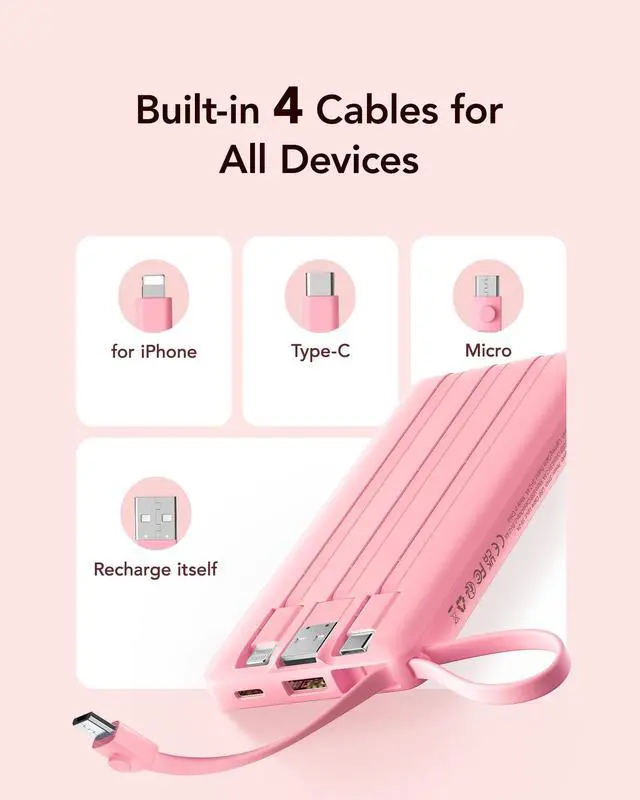 Alt view image 3 of 7 - VRURC Portable Phone Charger, Travel Portable Charger with 4 Cables, 5 Outputs 2 Inputs Slim USB C Power Bank, Built-in Cables Cords for iPhone 17 16 15 14 13,Samsung,Android-Barbie Pink(1 Pack)