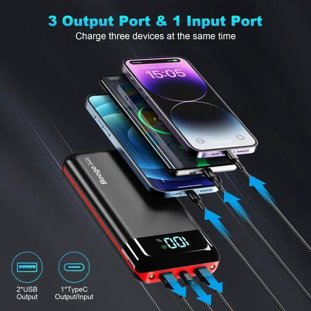 Alt view image 4 of 7 - Portable Charger Power Bank 52800mAh Powerbank PD 30W and QC 4.0 Fast Charging Built-in Bright flashlight LED Display 2 USB 1Type-C Output External Battery Pack for iPhone, Samsung, iPad etc (red)