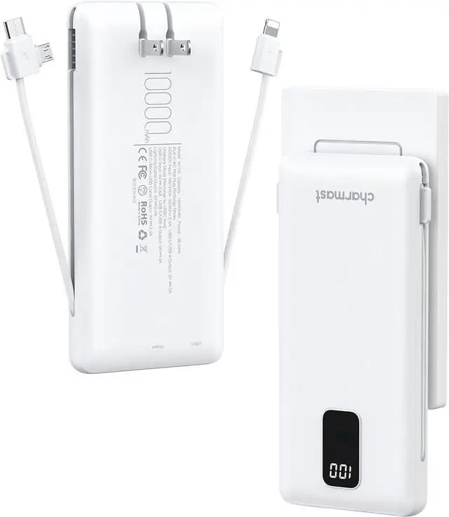 Main image of Charmast Portable Charger with Built-in Cables & Wall Plug, 10000mAh Portable Power Bank, External Battery Pack Travel Essentials Compatible with iPhone 16/15/14/13, Samsung, iPad etc