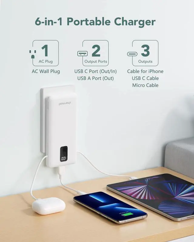 Alt view image 2 of 7 - Charmast Portable Charger with Built-in Cables & Wall Plug, 10000mAh Portable Power Bank, External Battery Pack Travel Essentials Compatible with iPhone 16/15/14/13, Samsung, iPad etc