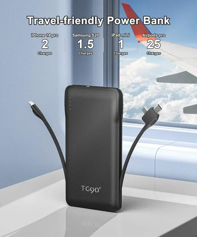 Alt view image 5 of 6 - TG90° Portable Charger with Cords 10000mAh Power Bank with Built in Cables Battery Backup Cell Phone External Battery Pack Compatible with iPhone 17 16 15 14 13 12 Samsung S22 S21 Google iPad etc