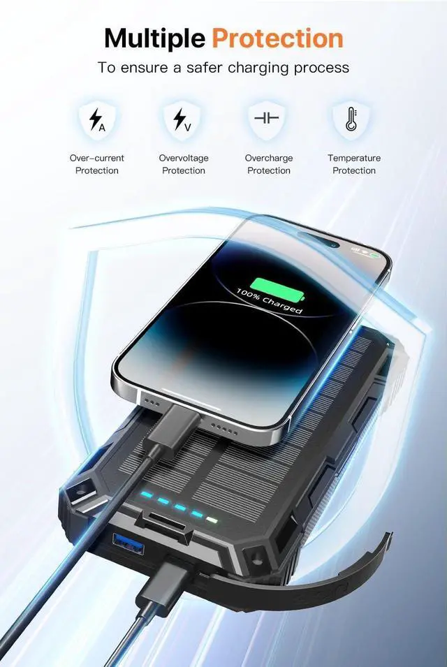 Alt view image 5 of 7 - jskei Power Bank 49800mAh Solar Portable Charger Wireless Charging USB-C 15W Fast Charging with 4 Built-in Cables LED Flashlight Battery Pack Compatible with iPhone, iPad, Galaxy, Perfect for Camping