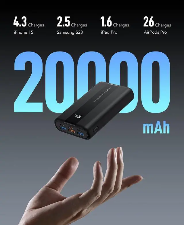 Alt view image 2 of 7 - VRURC Portable Charger, 20000mAh Small Power Bank,22.5W Fast Charging Battery Pack USB C,Travel External Battery with 4 Outputs Compatible iPhone 16 15 14 13,Samsung,Android,etc-Black