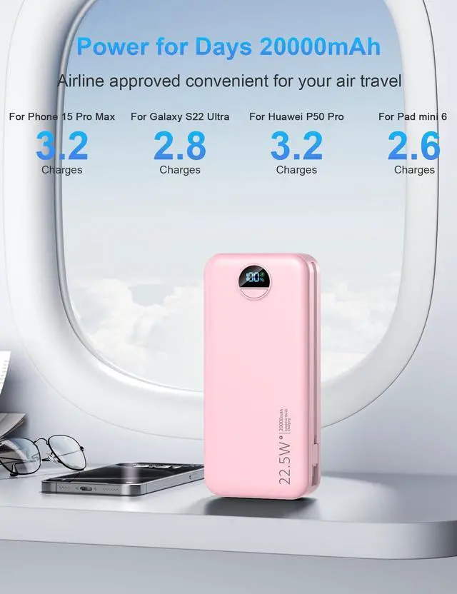 Alt view image 3 of 7 - Ffnpua Portable Charger with Wall Plug, 20000mAh USB C Power Bank Fast Charging, External Battery Pack with Built in Cables, Digital Display, 5 Output 2 Input for iPhone Android Cell Phone Tablet