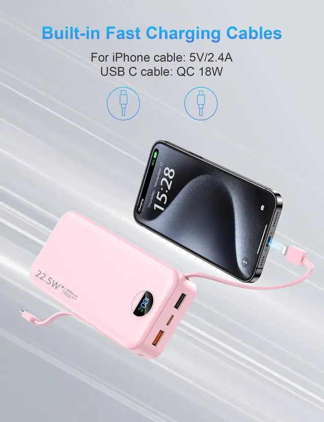 Alt view image 5 of 7 - Ffnpua Portable Charger with Wall Plug, 20000mAh USB C Power Bank Fast Charging, External Battery Pack with Built in Cables, Digital Display, 5 Output 2 Input for iPhone Android Cell Phone Tablet