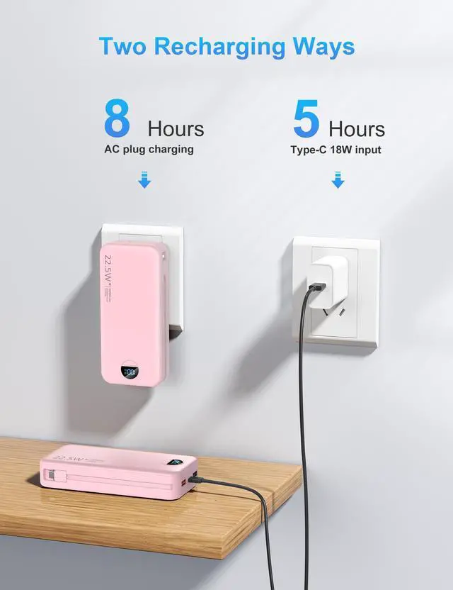 Alt view image 6 of 7 - Ffnpua Portable Charger with Wall Plug, 20000mAh USB C Power Bank Fast Charging, External Battery Pack with Built in Cables, Digital Display, 5 Output 2 Input for iPhone Android Cell Phone Tablet