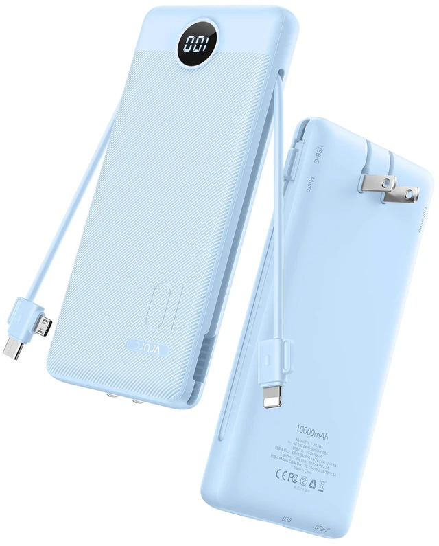 Main image of Portable Charger AC Plug and Built-in-Cables 10000mAh Fast Charging | Power Bank 22.5W fast charge, LED display, Micro, USB-C and Phone cables, 4 outputs, 8 oz, airline approved