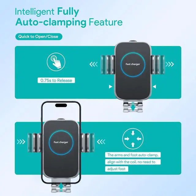 Alt view image 2 of 7 - Wireless Car Charger, 15W Auto-Clamping Charger Mount, Air Vent Car Charging Holder for iPhone 15 14 13 12 11 Pro Max Plus Mini X Xr Xs, Samsung S23 S22 S21 S20 Note 20, Google, LG, etc