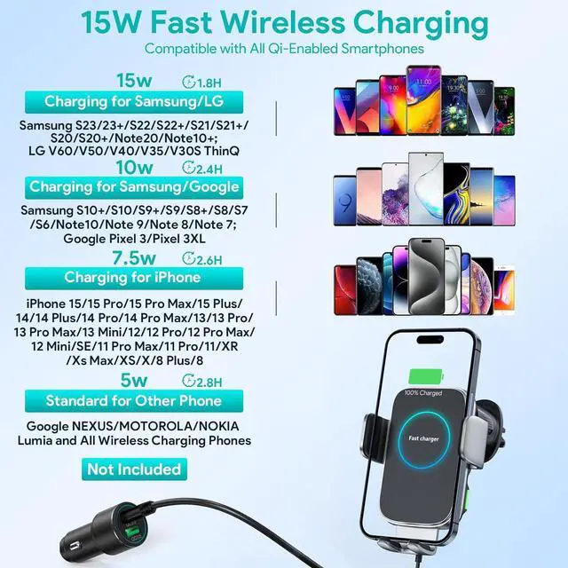 Alt view image 3 of 7 - Wireless Car Charger, 15W Auto-Clamping Charger Mount, Air Vent Car Charging Holder for iPhone 15 14 13 12 11 Pro Max Plus Mini X Xr Xs, Samsung S23 S22 S21 S20 Note 20, Google, LG, etc