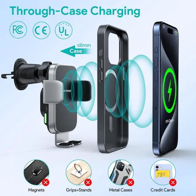 Alt view image 5 of 7 - Wireless Car Charger, 15W Auto-Clamping Charger Mount, Air Vent Car Charging Holder for iPhone 15 14 13 12 11 Pro Max Plus Mini X Xr Xs, Samsung S23 S22 S21 S20 Note 20, Google, LG, etc