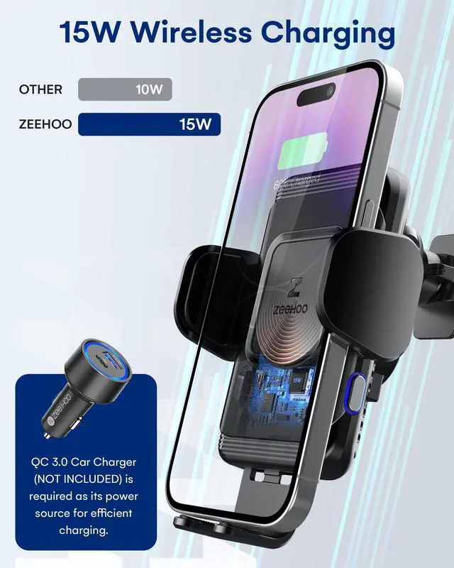 Alt view image 2 of 6 - ZeeHoo Wireless Car Charger,15 W Fast Charging Auto-Clamping Car Mount,Windshield Dash Air Vent Phone Holder for iPhone 14 13 12 Mini 11 Pro Max XS XR 8,Samsung S22 S21 S20 Note 20 10 9 8