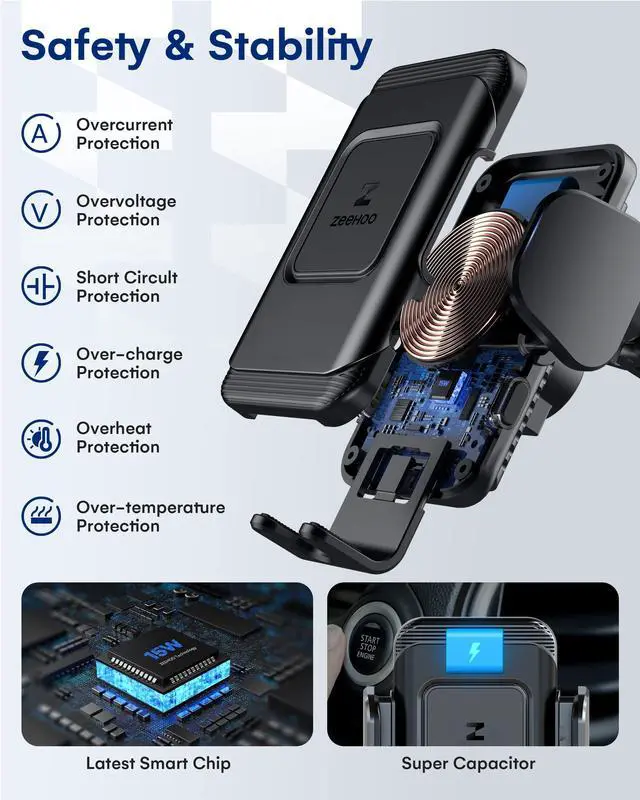 Alt view image 6 of 6 - ZeeHoo Wireless Car Charger,15 W Fast Charging Auto-Clamping Car Mount,Windshield Dash Air Vent Phone Holder for iPhone 14 13 12 Mini 11 Pro Max XS XR 8,Samsung S22 S21 S20 Note 20 10 9 8