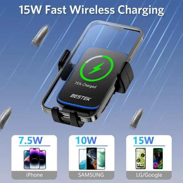 Alt view image 2 of 7 - Wireless Car Charger, BESTEK 15W Fast Charging Auto Clamping Car Phone Holder with QC3.0 Car Charger, Air Vent Car Phone Mount Compatible with iPhone 15/14/13/12/X/8 Series, Samsung, LG,Google