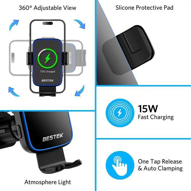 Alt view image 4 of 7 - Wireless Car Charger, BESTEK 15W Fast Charging Auto Clamping Car Phone Holder with QC3.0 Car Charger, Air Vent Car Phone Mount Compatible with iPhone 15/14/13/12/X/8 Series, Samsung, LG,Google