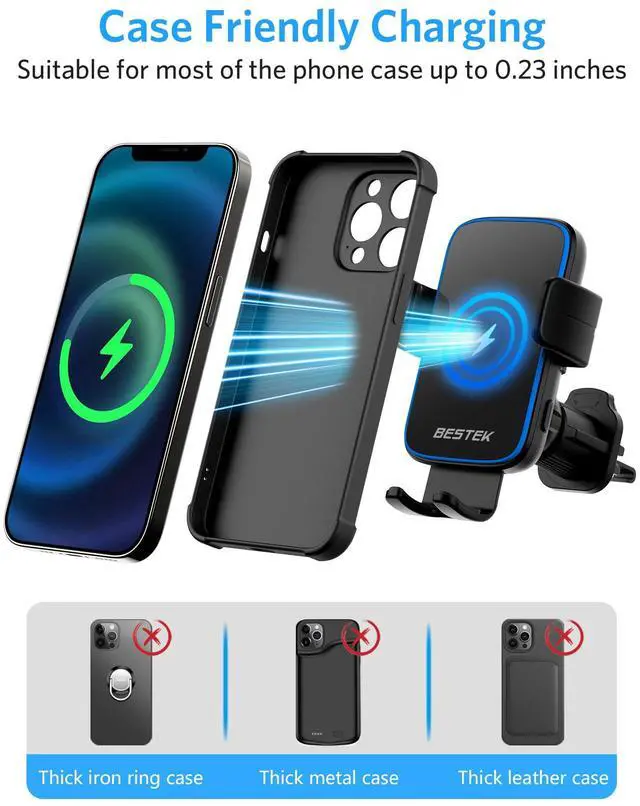 Alt view image 6 of 7 - Wireless Car Charger, BESTEK 15W Fast Charging Auto Clamping Car Phone Holder with QC3.0 Car Charger, Air Vent Car Phone Mount Compatible with iPhone 15/14/13/12/X/8 Series, Samsung, LG,Google