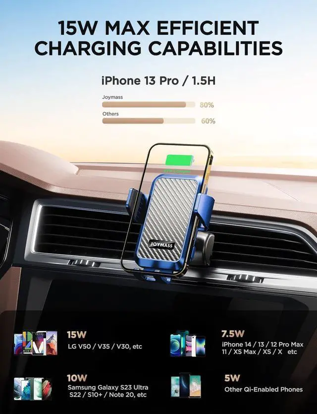 Alt view image 2 of 7 - Wireless Car Charger, JOYMASS 15W Fast Charging Auto Clamping Car Charger Cell Phone Holder Mount Vent for iPhone 15 14 13 12 Mini Pro Max, Samsung Galaxy S24 Ultra S23 S22 S21+ Note 20, etc - Blue