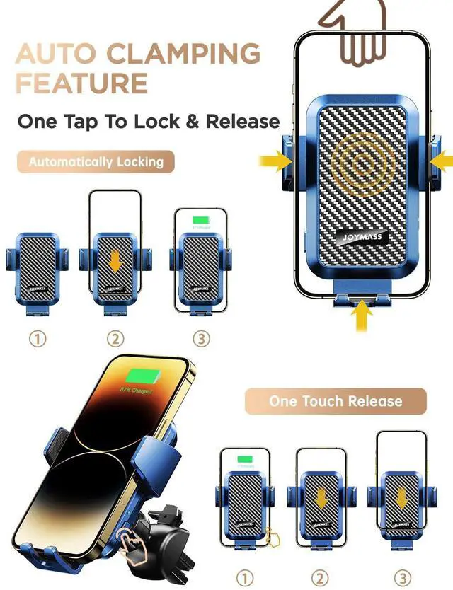 Alt view image 3 of 7 - Wireless Car Charger, JOYMASS 15W Fast Charging Auto Clamping Car Charger Cell Phone Holder Mount Vent for iPhone 15 14 13 12 Mini Pro Max, Samsung Galaxy S24 Ultra S23 S22 S21+ Note 20, etc - Blue