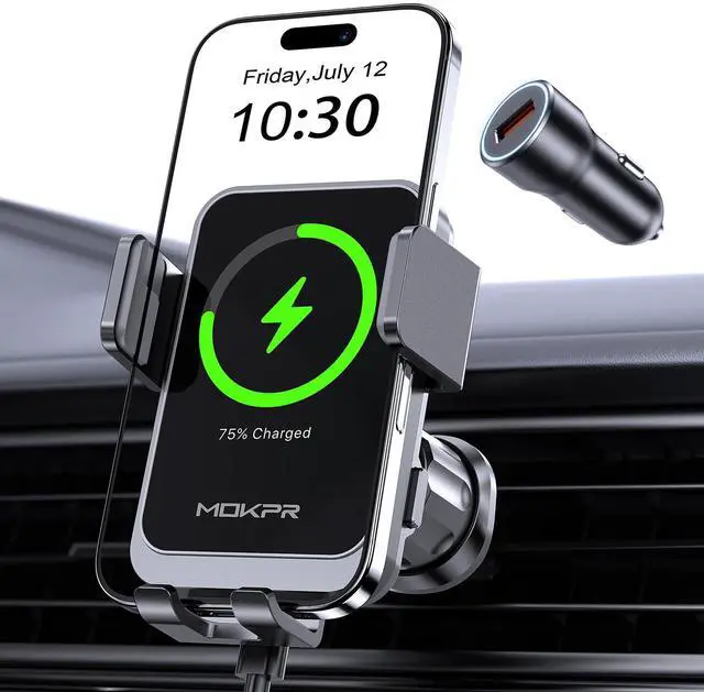 Alt view image 5 of 5 - Wireless Car Charger, MOKPR 15W Fast Charging Auto Clamping Air Vent Car Phone Holder with LED Light Car Charger for iPhone 16 15/14/13/12 Pro Max Plus, Samsung S23/S22/S21,etc