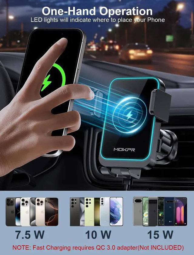 Alt view image 3 of 5 - Wireless Car Charger, MOKPR 15W Fast Charging Auto Clamping Air Vent Car Phone Holder with LED Light Car Charger for iPhone 16 15/14/13/12 Pro Max Plus, Samsung S23/S22/S21,etc