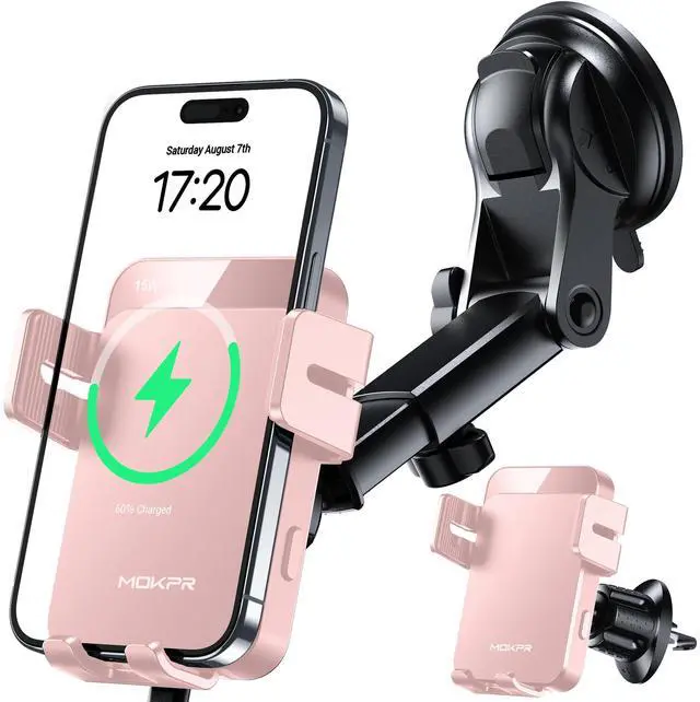 Main image of MOKPR Wireless Car Charger, 15W Auto Clamping Car Charger Dash Windshield Air Vent Phone Holder Compatible with iPhone 16 15 14/13/13 Pro/12 pro/12/11/X/8, Samsung S24/S23/S22, Pink