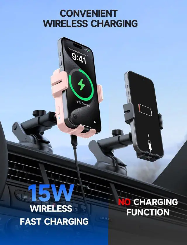 Alt view image 4 of 7 - MOKPR Wireless Car Charger, 15W Auto Clamping Car Charger Dash Windshield Air Vent Phone Holder Compatible with iPhone 16 15 14/13/13 Pro/12 pro/12/11/X/8, Samsung S24/S23/S22, Pink