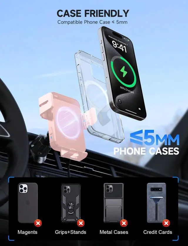 Alt view image 5 of 7 - MOKPR Wireless Car Charger, 15W Auto Clamping Car Charger Dash Windshield Air Vent Phone Holder Compatible with iPhone 16 15 14/13/13 Pro/12 pro/12/11/X/8, Samsung S24/S23/S22, Pink