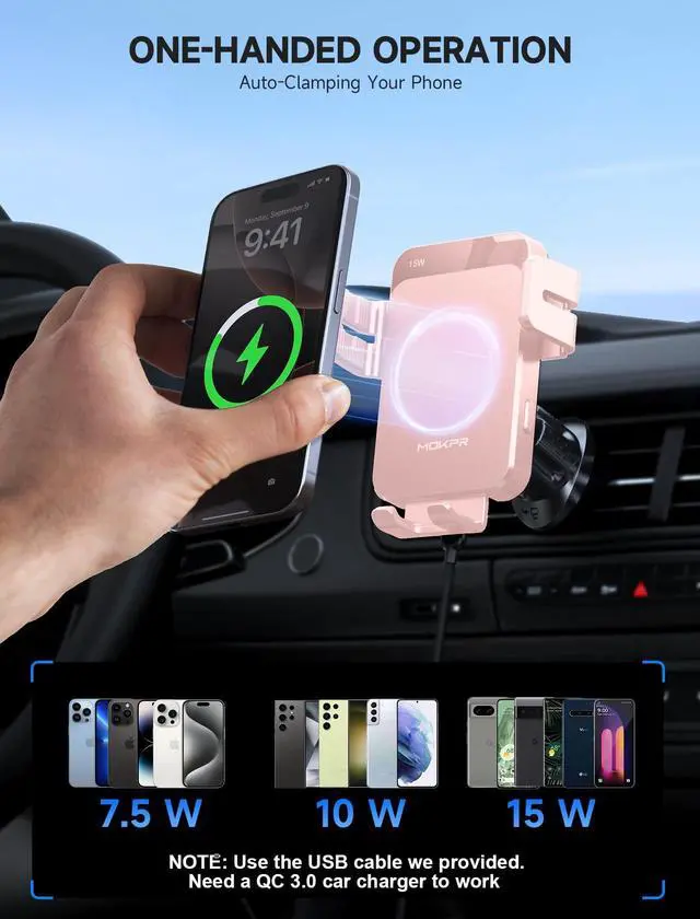 Alt view image 7 of 7 - MOKPR Wireless Car Charger, 15W Auto Clamping Car Charger Dash Windshield Air Vent Phone Holder Compatible with iPhone 16 15 14/13/13 Pro/12 pro/12/11/X/8, Samsung S24/S23/S22, Pink