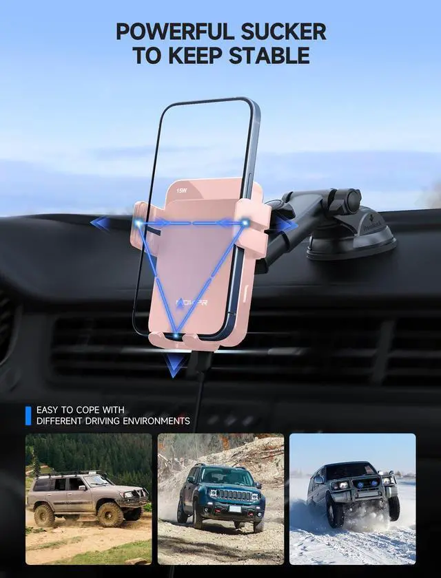 Alt view image 6 of 7 - MOKPR Wireless Car Charger, 15W Auto Clamping Car Charger Dash Windshield Air Vent Phone Holder Compatible with iPhone 16 15 14/13/13 Pro/12 pro/12/11/X/8, Samsung S24/S23/S22, Pink