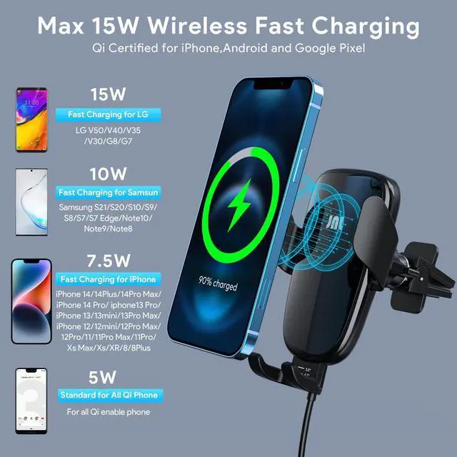 Alt view image 2 of 7 - Wireless Car Charger, 15W Qi Fast Charging Auto-Clamping Car Phone Mount Charger Air Vent Phone Holder for iPhone 14/13/12 mini/12 Pro Max/11 Pro Max/Xs MAX/XR/8+,Samsung S23/S22/S21/S20 Plus/Note20
