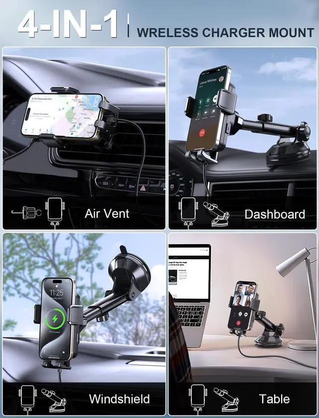 Alt view image 2 of 6 - Wireless Car Charger, MOKPR 15W Fast Charging Auto Clamping Dashboard Windshield Air Vent Car Phone Holder Car Charger for iPhone 16 15/14/13/12 Pro Max Plus, Samsung S23/S22/S21,etc